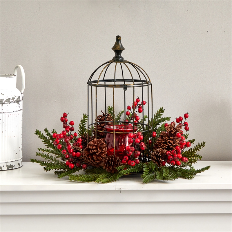 Nearly Natural Pine Berry Birdhouse Candelabrum in Red
