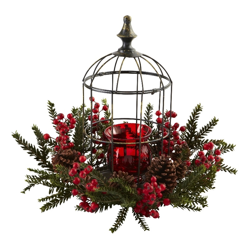Nearly Natural Pine Berry Birdhouse Candelabrum in Red