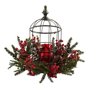 Nearly Natural Pine Berry Birdhouse Candelabrum in Red