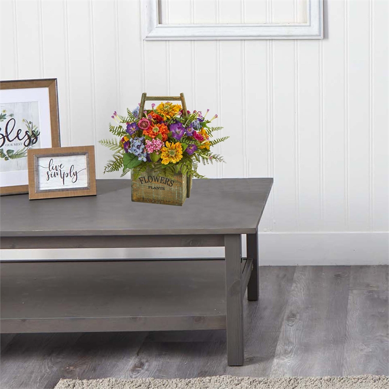 Nearly Natural Mixed Floral Artificial Arrangement in Wood Basket in Multi-Color