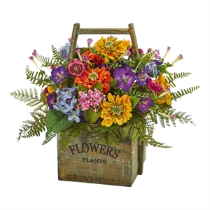 Nearly Natural Mixed Floral Artificial Arrangement in Wood Basket in Multi-Color