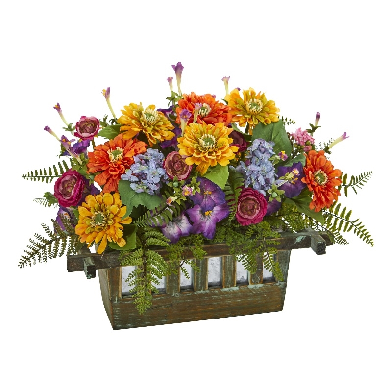Nearly Natural Mixed Floral Artificial Arrangement in Rectangular Wood Planter
