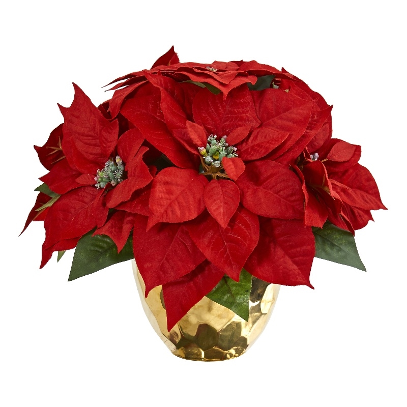 Nearly Natural Poinsettia Artificial Arrangement in Golden Vase in Red