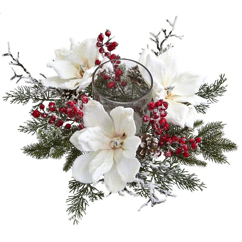Nearly Natural Frosted Magnolia & Berry Artificial Arrangement Candelabrum