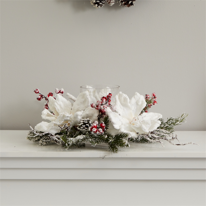 Nearly Natural Frosted Magnolia & Berry Artificial Arrangement Candelabrum
