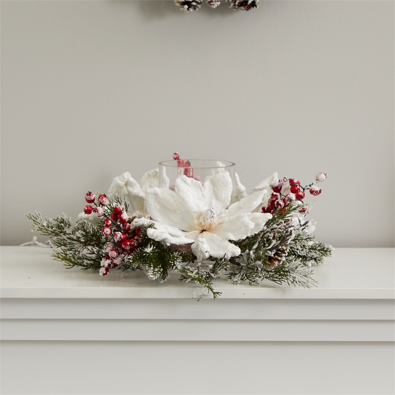 Nearly Natural Frosted Magnolia & Berry Artificial Arrangement Candelabrum