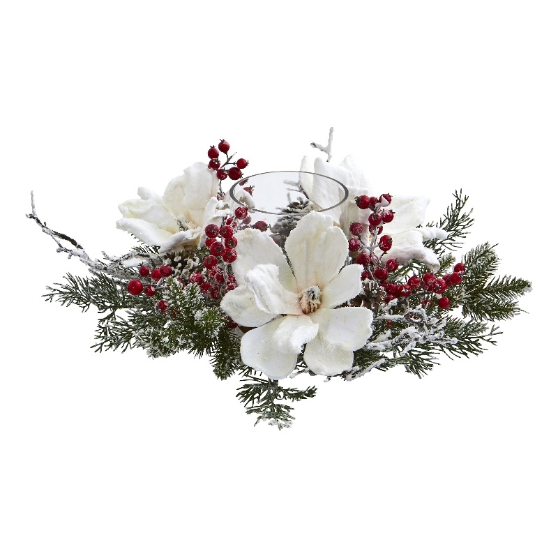 Nearly Natural Frosted Magnolia & Berry Artificial Arrangement Candelabrum