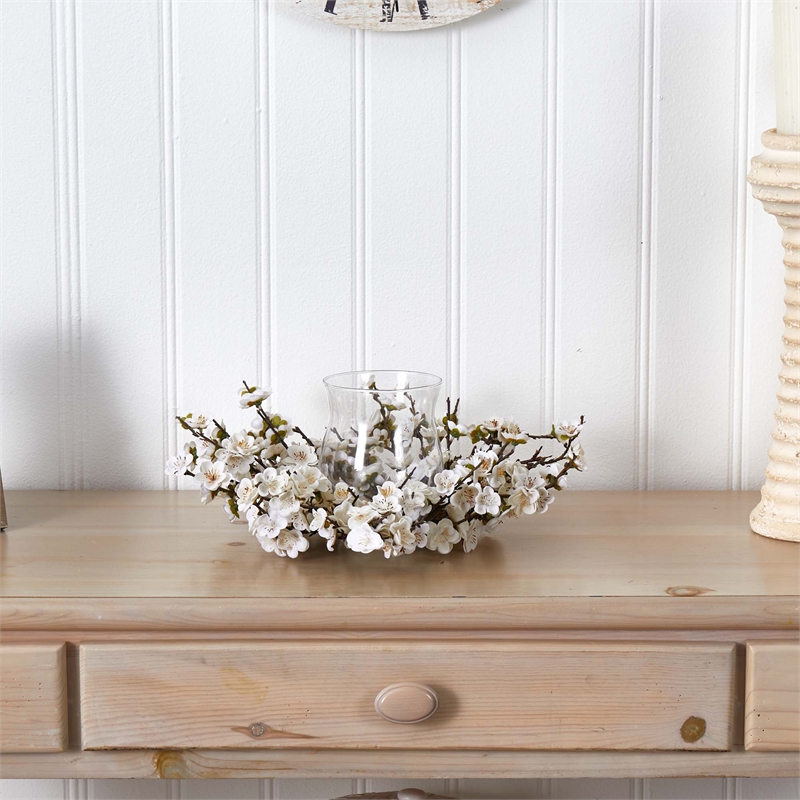 Nearly Natural Plum Blossom Candelabrum in White