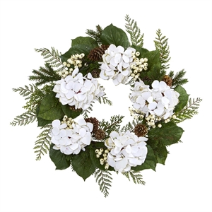 Nearly Natural 24&quot Gold Trimmed Hydrangea & Berry Wreath in White