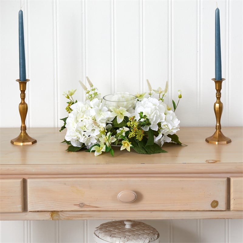 Nearly Natural Hydrangea Artificial Arrangement Candelabrum in White