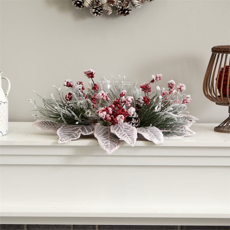 Nearly Natural Snowy Magnolia Berry Artificial Arrangement Candelabrum in White