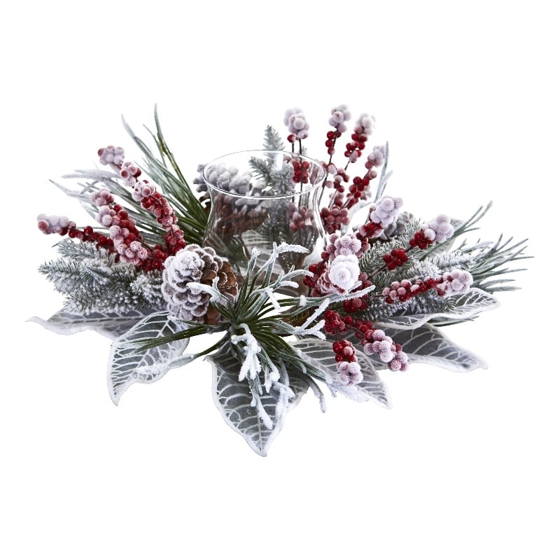 Nearly Natural Snowy Magnolia Berry Artificial Arrangement Candelabrum in White