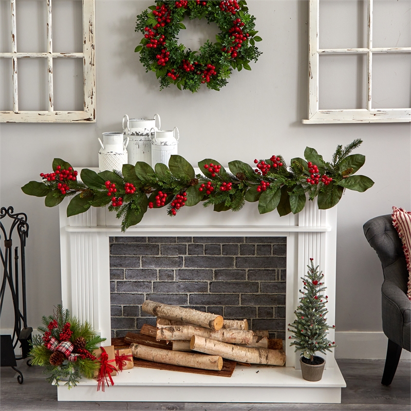 Nearly Natural 5ft Magnolia Berry Pine Artificial Garland in Green