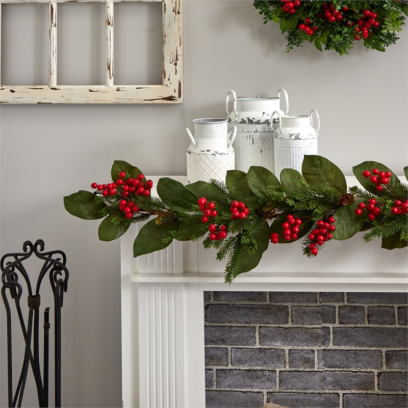 Nearly Natural 5ft Magnolia Berry Pine Artificial Garland in Green