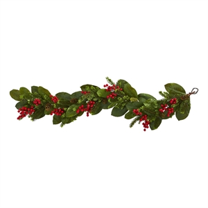 Nearly Natural 5ft Magnolia Berry Pine Artificial Garland in Green