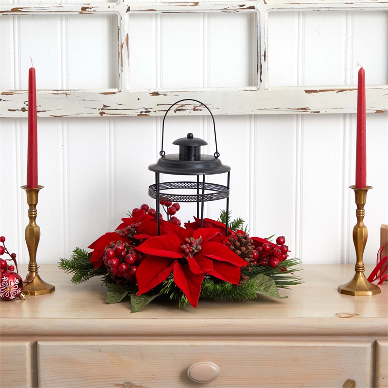Nearly Natural Poinsettia Berry Pine Artificial Arrangement Candelabrum in Red