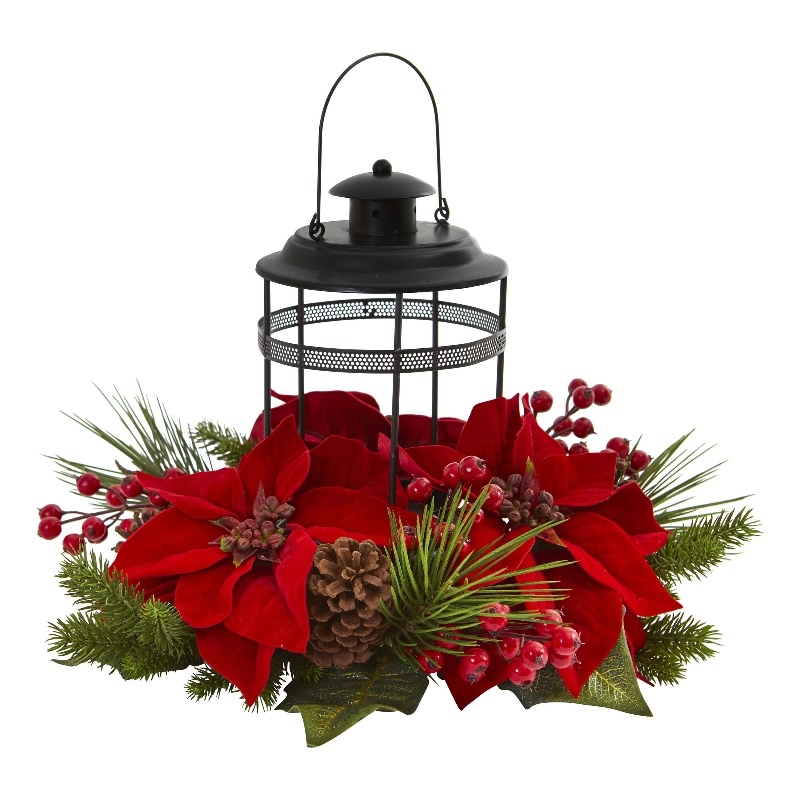 Nearly Natural Poinsettia Berry Pine Artificial Arrangement Candelabrum in Red