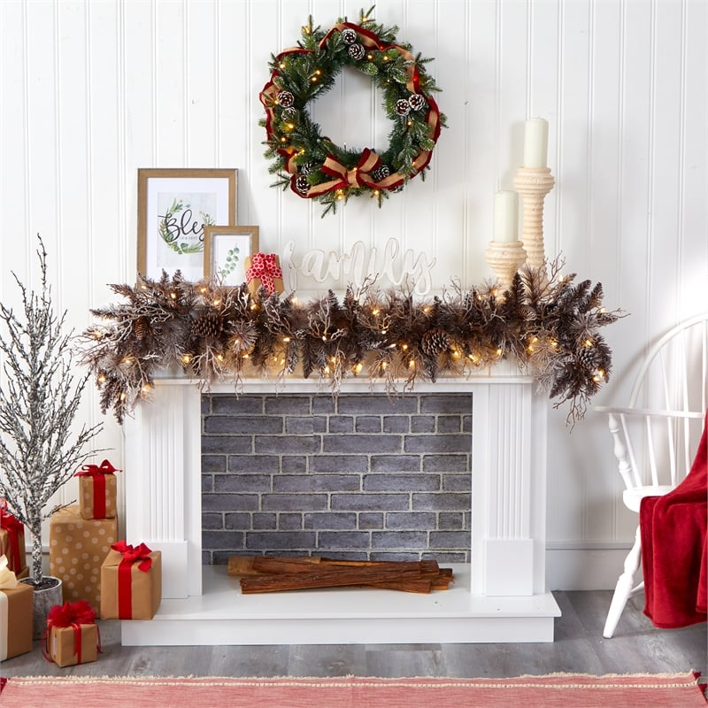 Nearly Natural 6ft Flocked Garland with 50 Warm White Lights