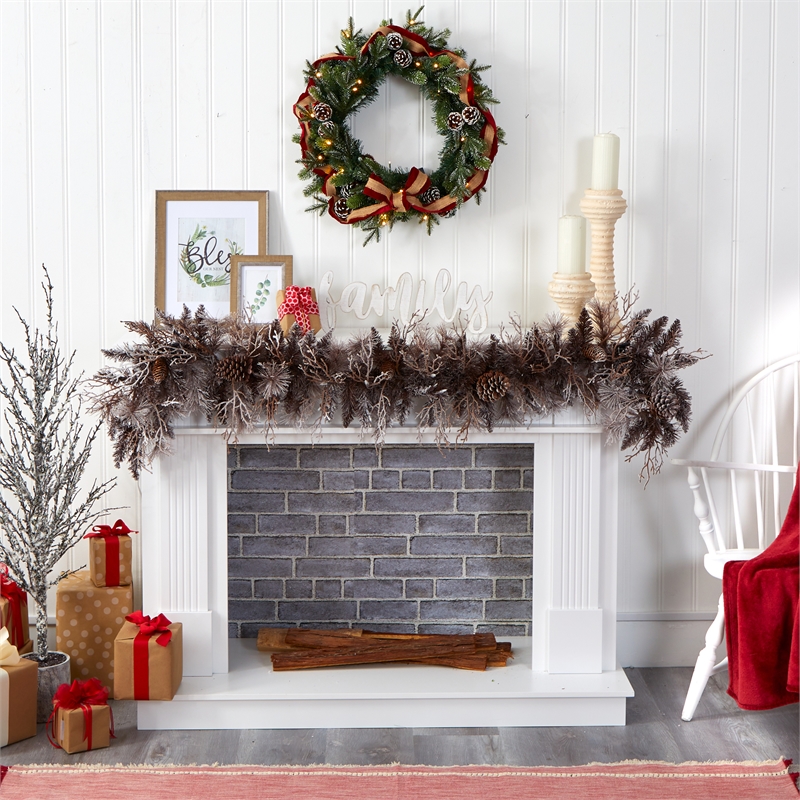 Nearly Natural 6ft Flocked Garland with 50 Warm White Lights