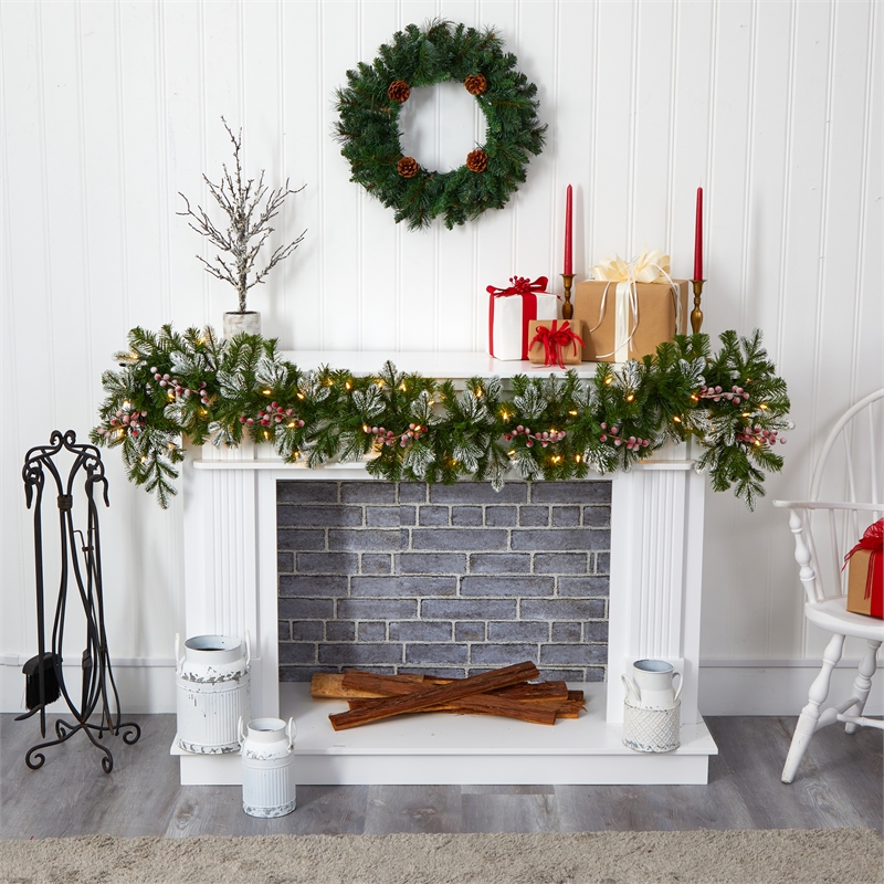 Nearly Natural 6ft Snow Tipped Garland w/ 50 Warm White Lights & Berries