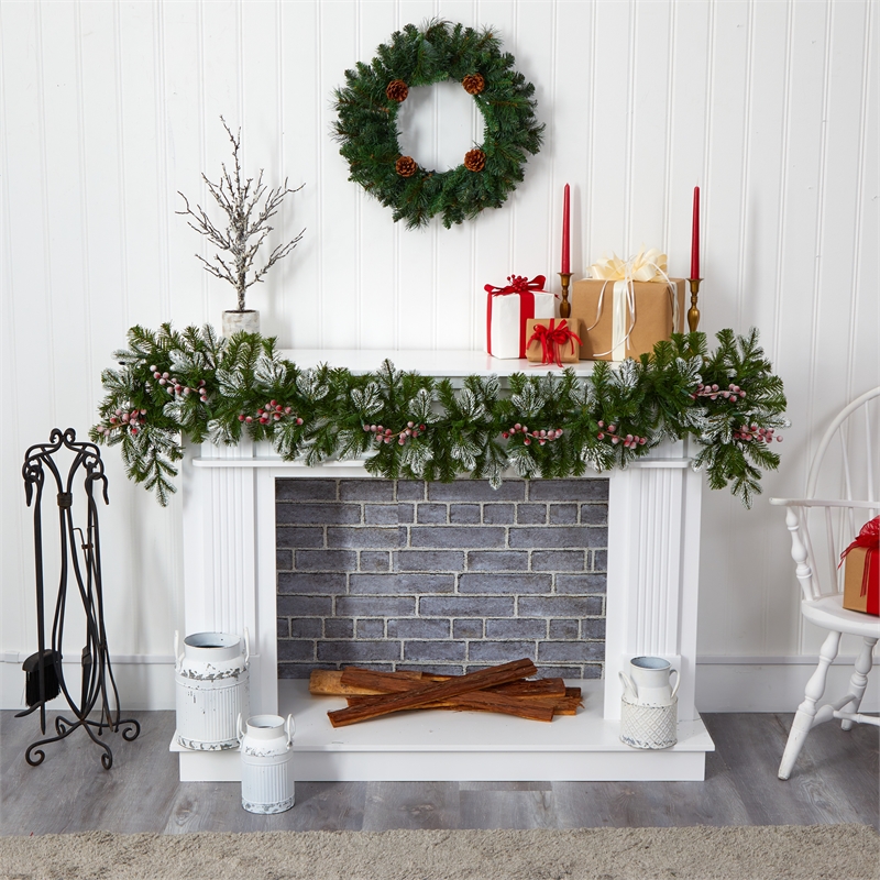 Nearly Natural 6ft Snow Tipped Garland w/ 50 Warm White Lights & Berries