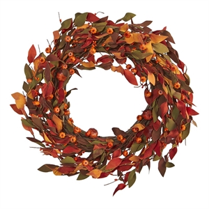 Nearly Natural 20&quot Harvest Leaf & Mini Pumpkin Artificial Wreath in Orange