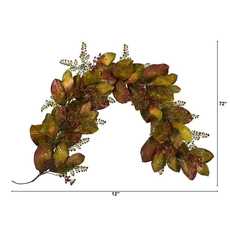 Nearly Natural 6ft Autumn Magnolia Leaf & Berries Artificial Garland in Green