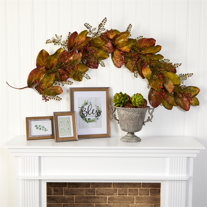 Nearly Natural 6ft Autumn Magnolia Leaf & Berries Artificial Garland in Green