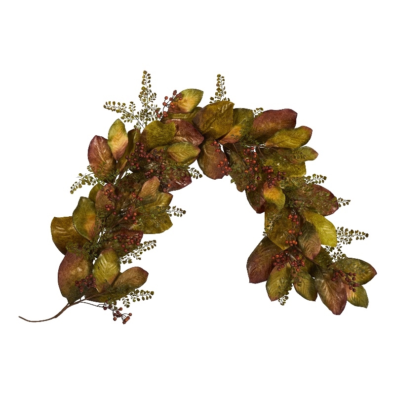 Nearly Natural 6ft Autumn Magnolia Leaf & Berries Artificial Garland in Green