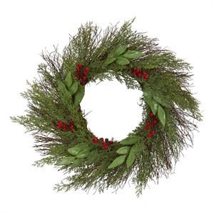 Nearly Natural 20&quot Cedar & Ruscus w/ Berries Artificial Wreath in Green