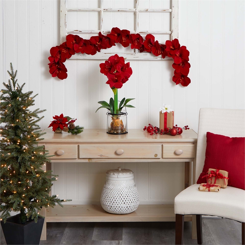 Nearly Natural 5ft Amaryllis Silk Garland in Red