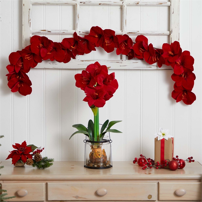 Nearly Natural 5ft Amaryllis Silk Garland in Red