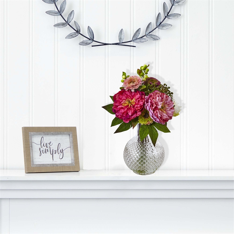 Nearly Natural Peony and Mum in Glass Vase in Pink