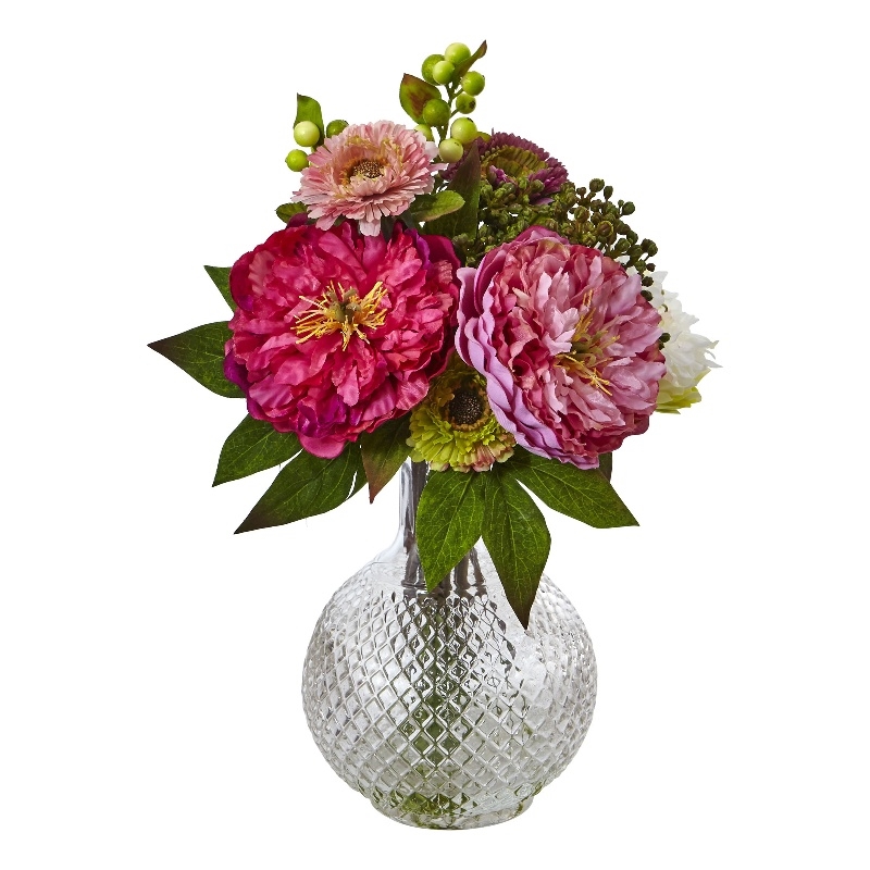 Nearly Natural Peony and Mum in Glass Vase in Pink