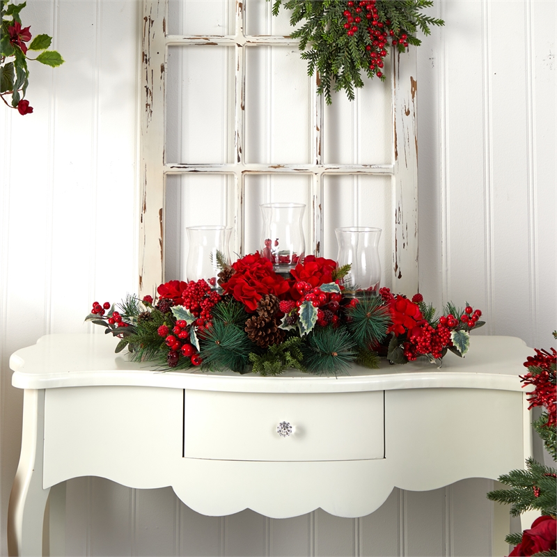 Nearly Natural Hydrangea Holiday Candelabrum in Red