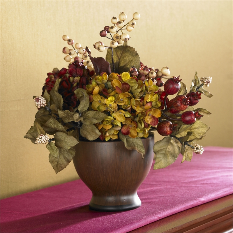 Nearly Natural Autumn Hydrangea with Round Vase in Orange