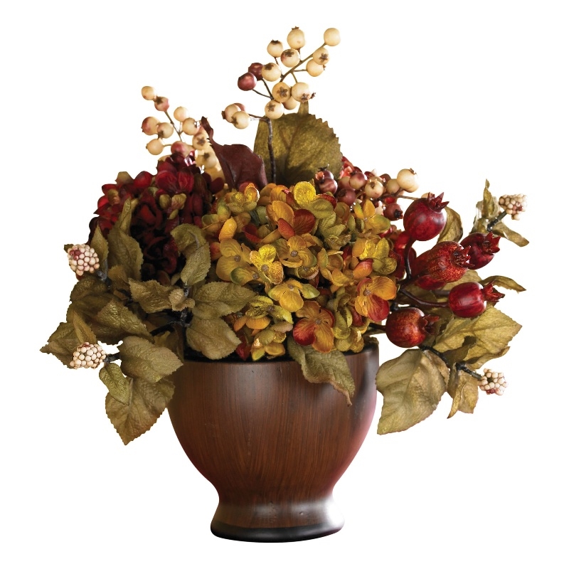 Nearly Natural Autumn Hydrangea with Round Vase in Orange