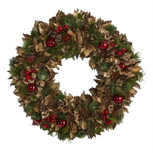 Nearly Natural 15&quot Holiday Artificial Wreath w/ Pine Cones & Ornaments in Green