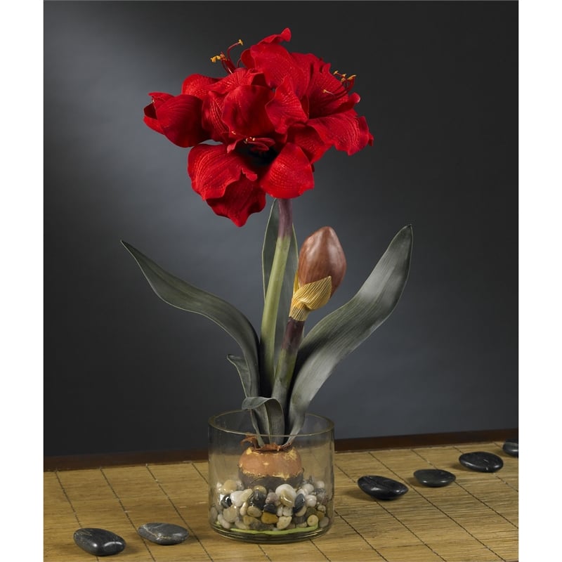 Nearly Natural Amaryllis with Round Vase in Red