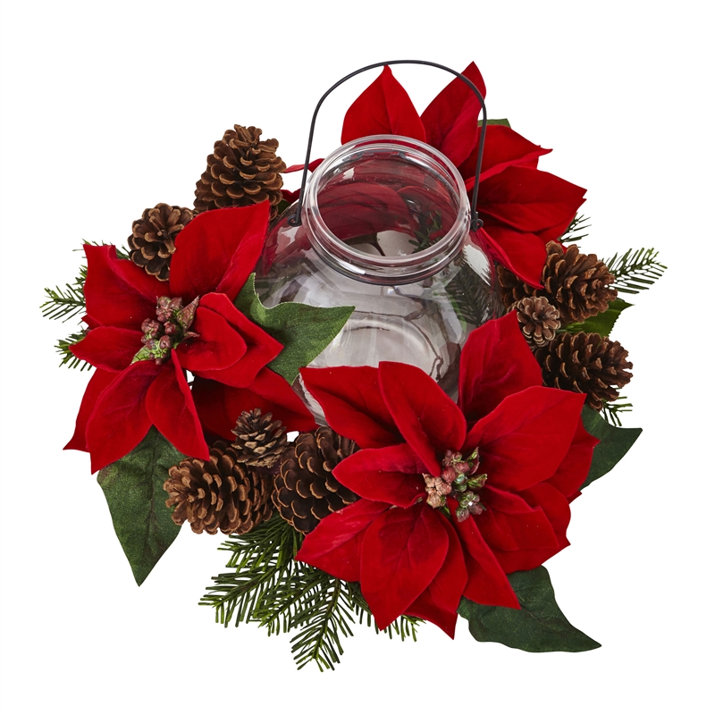 Nearly Natural Poinsettia Pine & Pinecone Candelabrum in Red