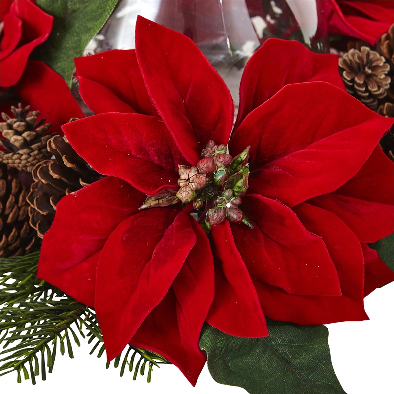 Nearly Natural Poinsettia Pine & Pinecone Candelabrum in Red