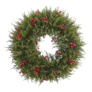 Nearly Natural 20&quot Cedar Berry Wreath in Green