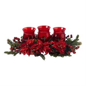 Nearly Natural Poinsettia & Berry Triple Candelabrum in Red