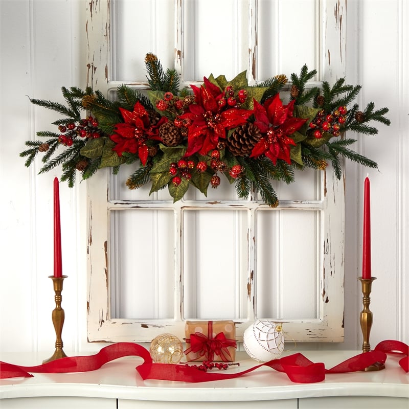 Nearly Natural Poinsettia & Berry Centerpiece in Red