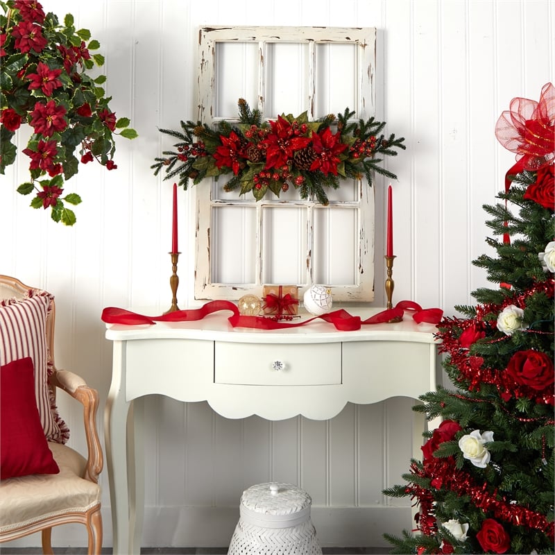 Nearly Natural Poinsettia & Berry Centerpiece in Red