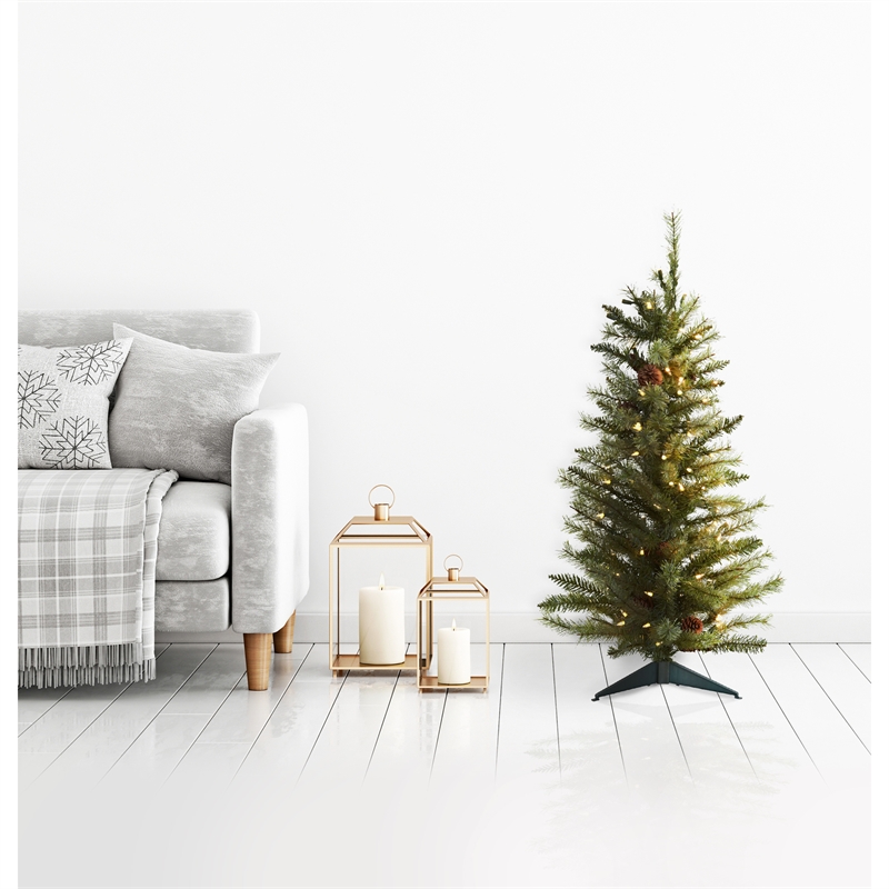Nearly Natural 3ft Green Christmas Tree with Pinecones & Clear Lights