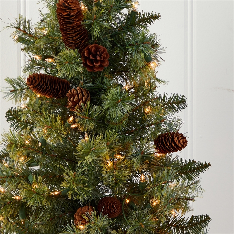 Nearly Natural 3ft Green Christmas Tree with Pinecones & Clear Lights