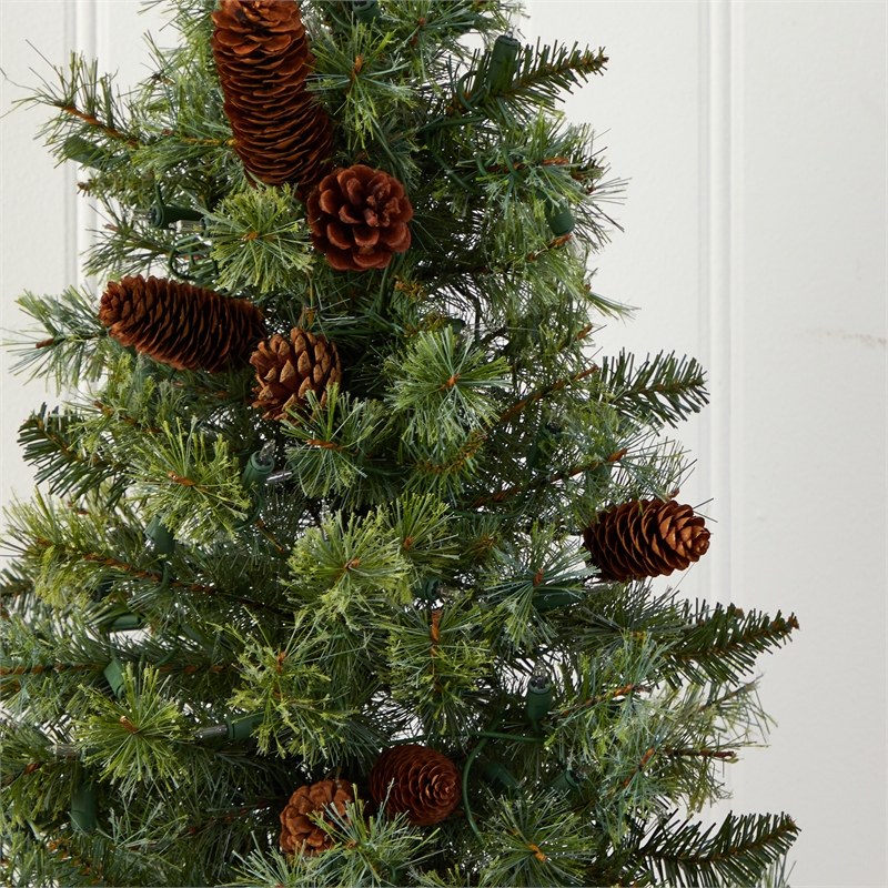 Nearly Natural 3ft Green Christmas Tree with Pinecones & Clear Lights