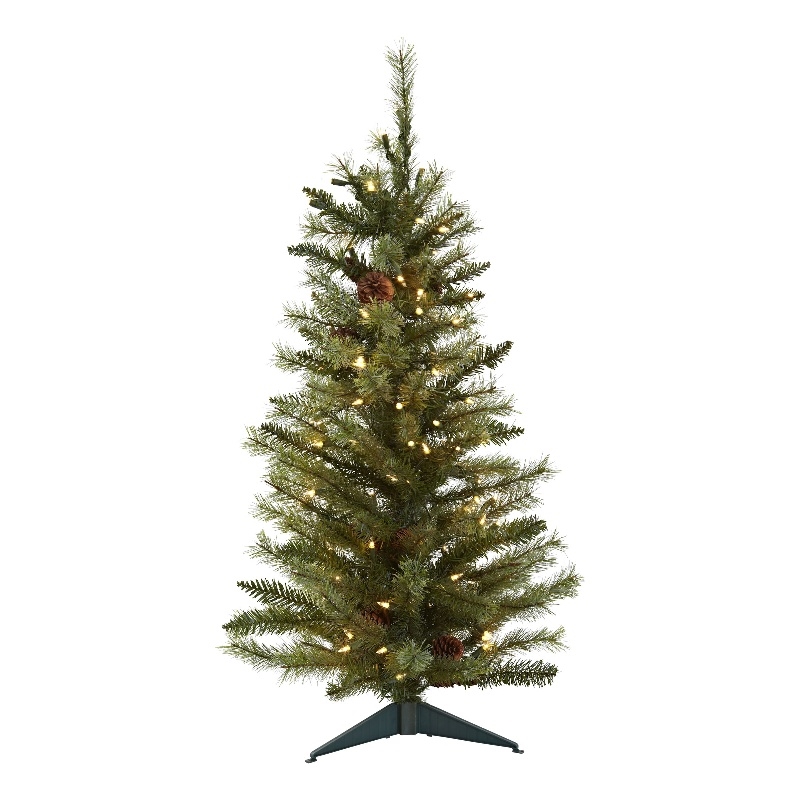 Nearly Natural 3ft Green Christmas Tree with Pinecones & Clear Lights