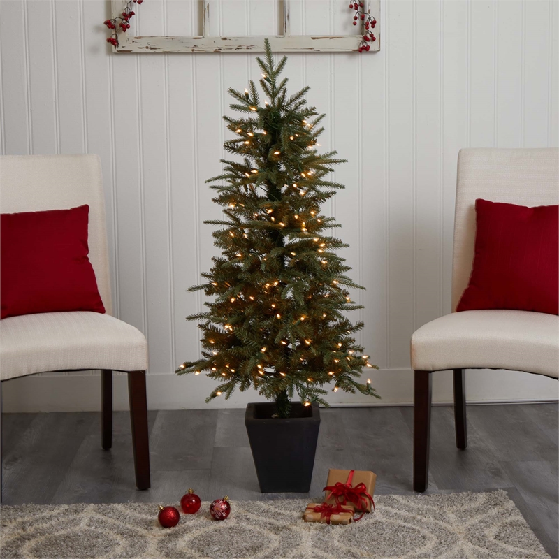 Nearly Natural 4.5ft Green Christmas Tree with Clear Lights & Decorative Planter